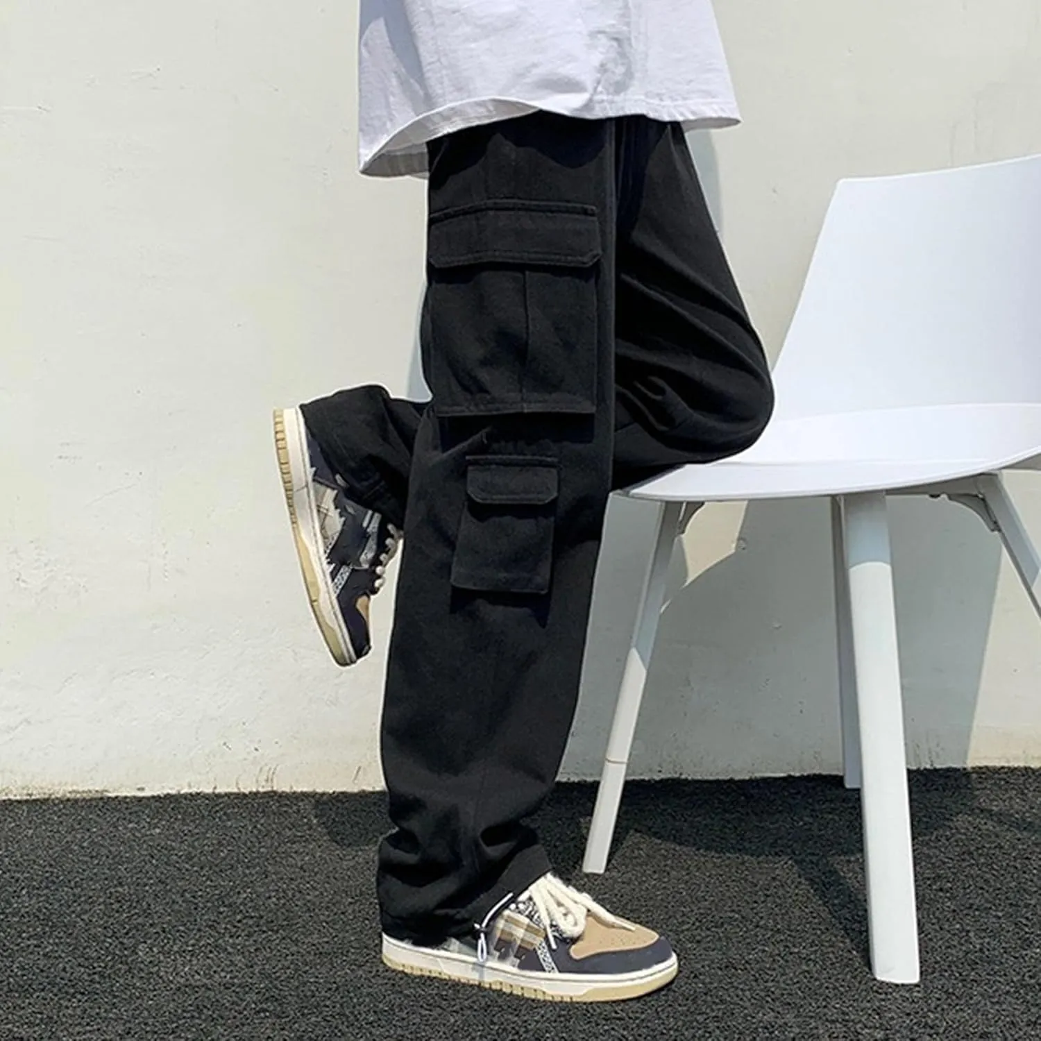 Men's Baggy Straight Leg Casual Pants Drawstring Loose Fit Casual Pants Outdoor Hiking Cargo Trousers