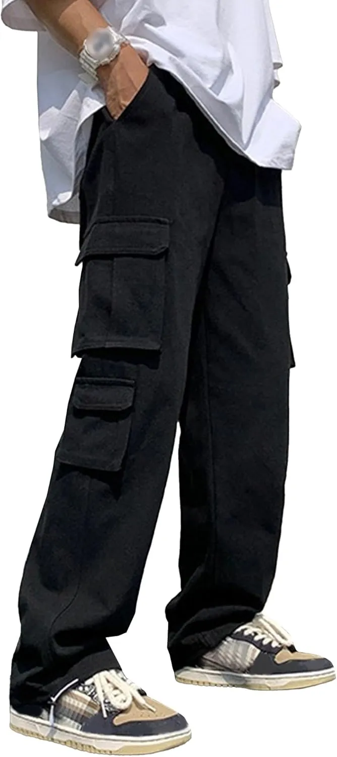 Men's Baggy Straight Leg Casual Pants Drawstring Loose Fit Casual Pants Outdoor Hiking Cargo Trousers