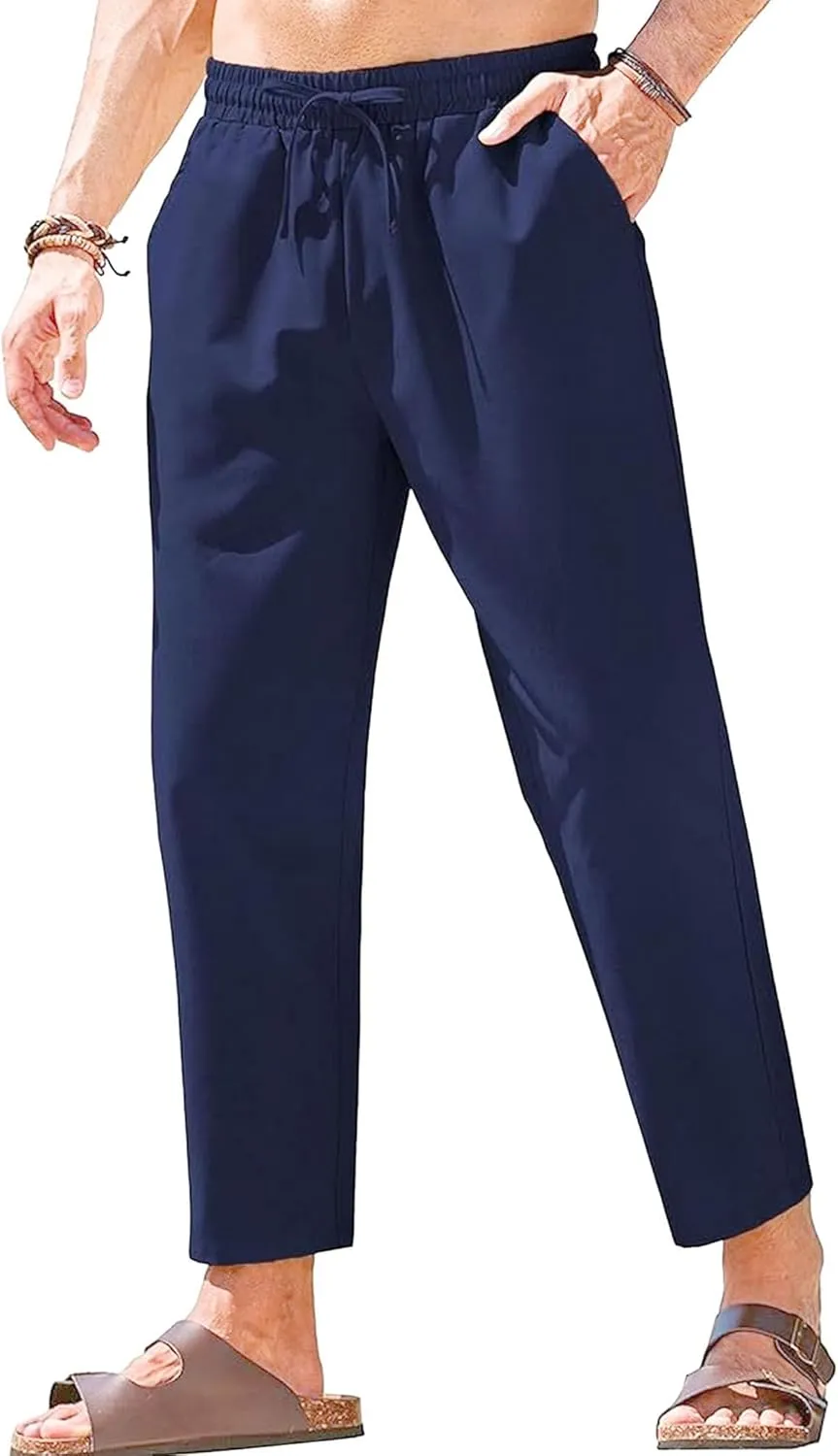 Men's Basic Cotton Liene Loose Fit Pants Elasitc Waist Lightweight Summer Trousers Casual Solid Yoga Beach Pants