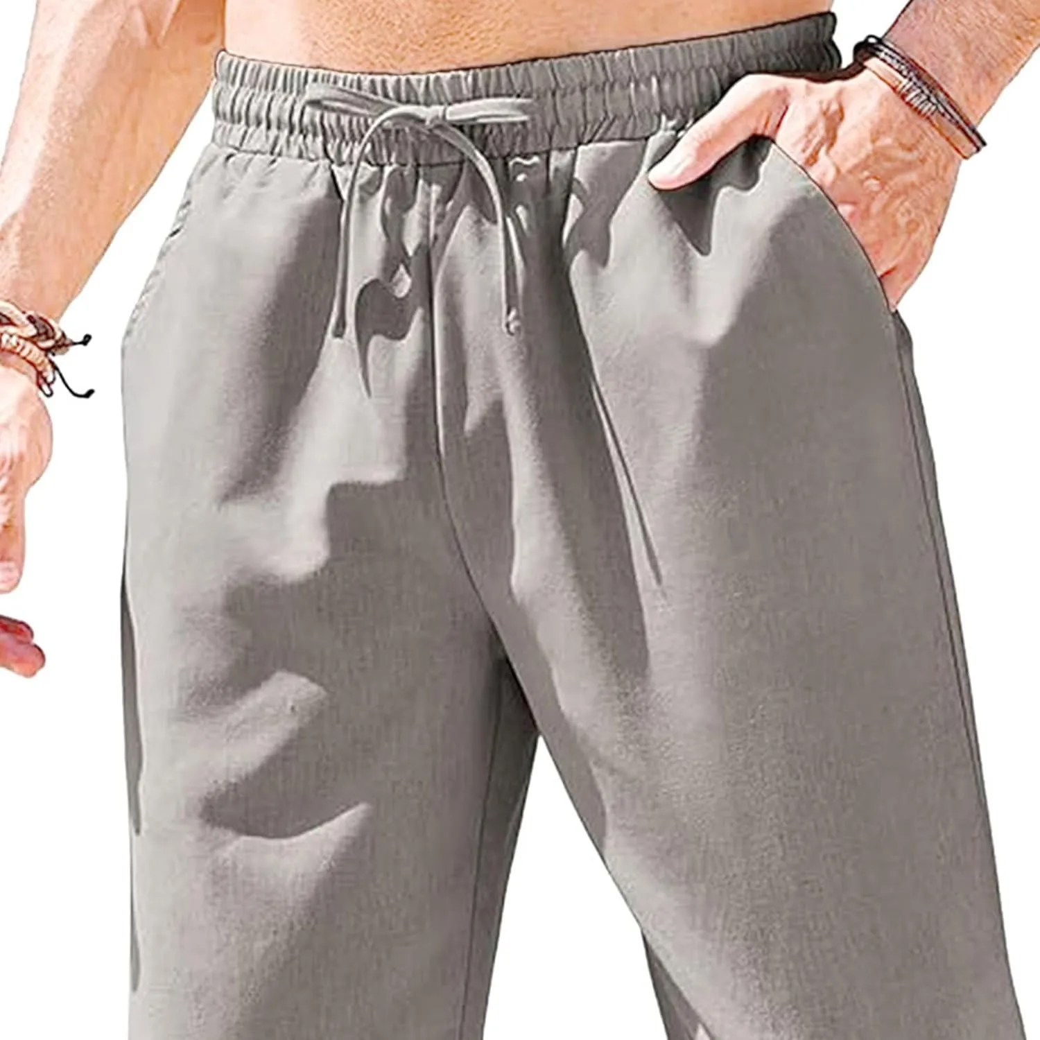 Men's Basic Cotton Liene Loose Fit Pants Elasitc Waist Lightweight Summer Trousers Casual Solid Yoga Beach Pants