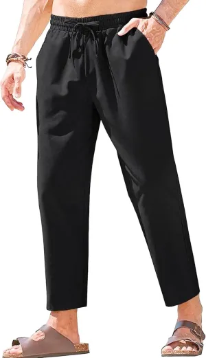 Men's Basic Cotton Liene Loose Fit Pants Elasitc Waist Lightweight Summer Trousers Casual Solid Yoga Beach Pants