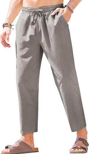 Men's Basic Cotton Liene Loose Fit Pants Elasitc Waist Lightweight Summer Trousers Casual Solid Yoga Beach Pants