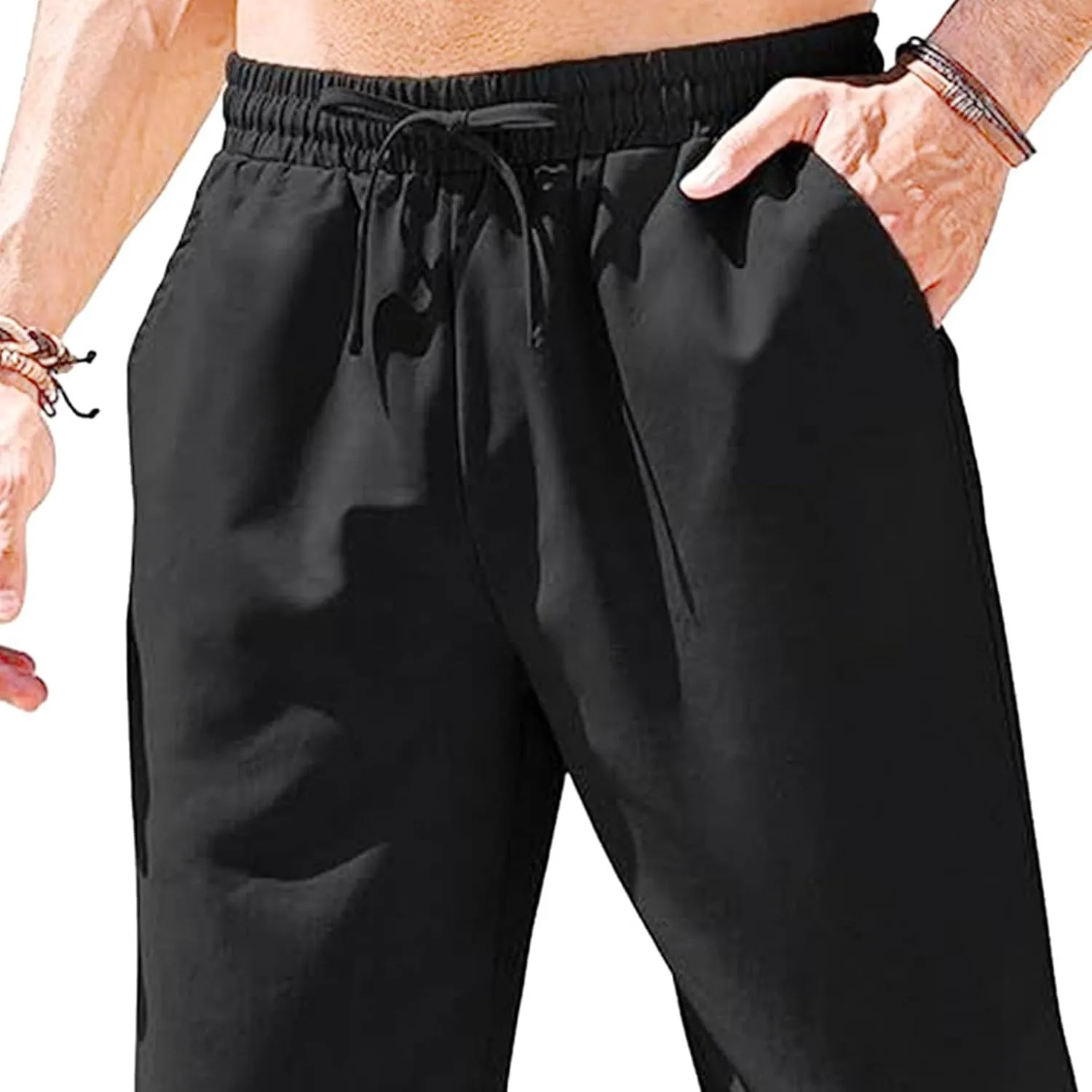 Men's Basic Cotton Liene Loose Fit Pants Elasitc Waist Lightweight Summer Trousers Casual Solid Yoga Beach Pants