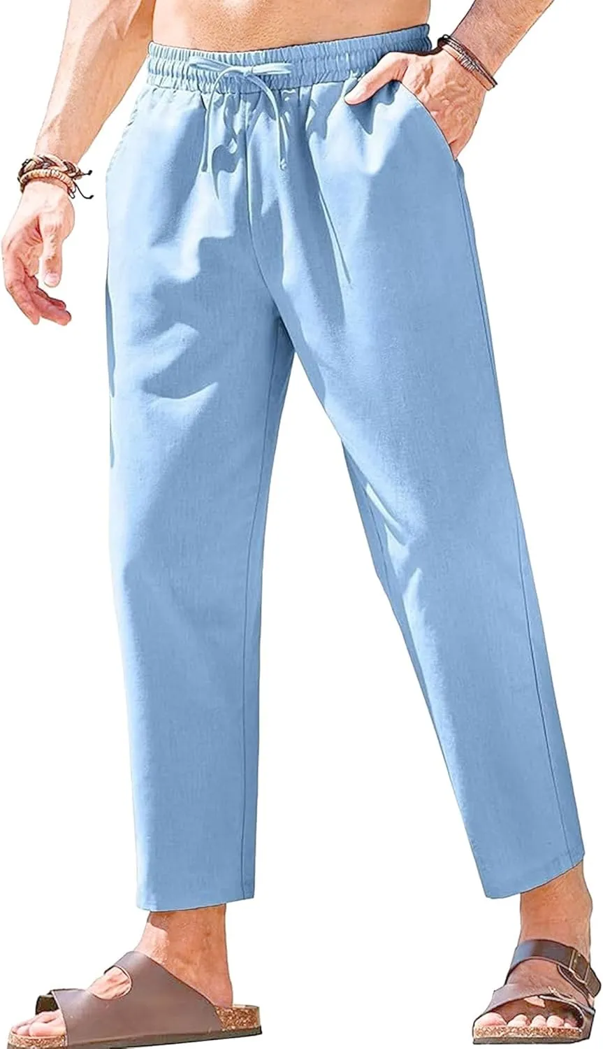 Men's Basic Cotton Liene Loose Fit Pants Elasitc Waist Lightweight Summer Trousers Casual Solid Yoga Beach Pants