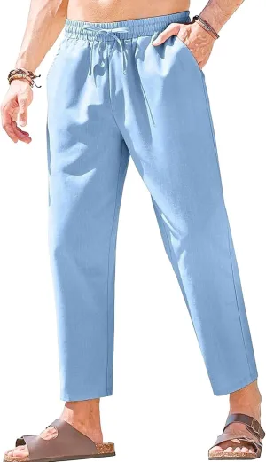 Men's Basic Cotton Liene Loose Fit Pants Elasitc Waist Lightweight Summer Trousers Casual Solid Yoga Beach Pants