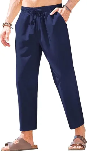 Men's Basic Cotton Liene Loose Fit Pants Elasitc Waist Lightweight Summer Trousers Casual Solid Yoga Beach Pants