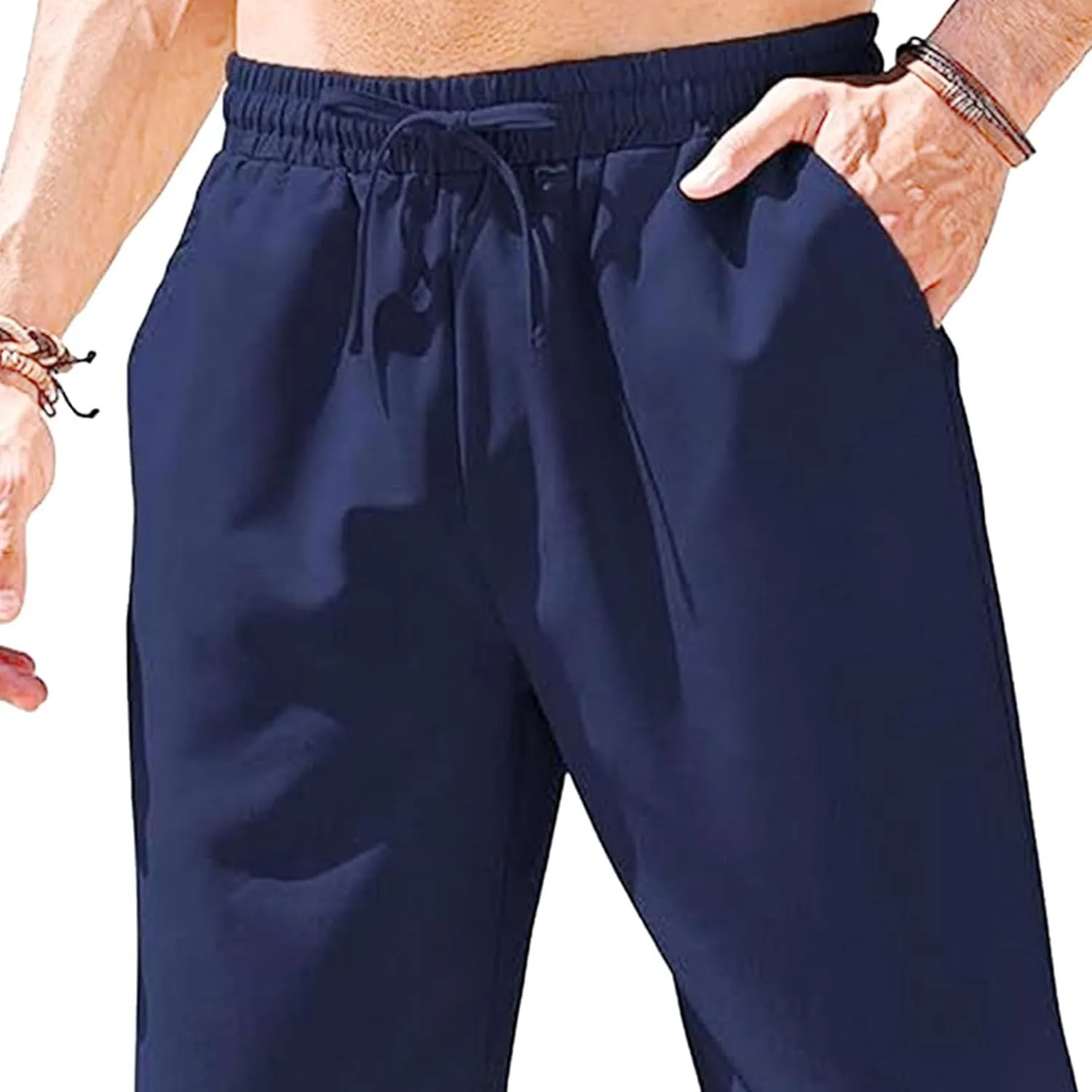 Men's Basic Cotton Liene Loose Fit Pants Elasitc Waist Lightweight Summer Trousers Casual Solid Yoga Beach Pants