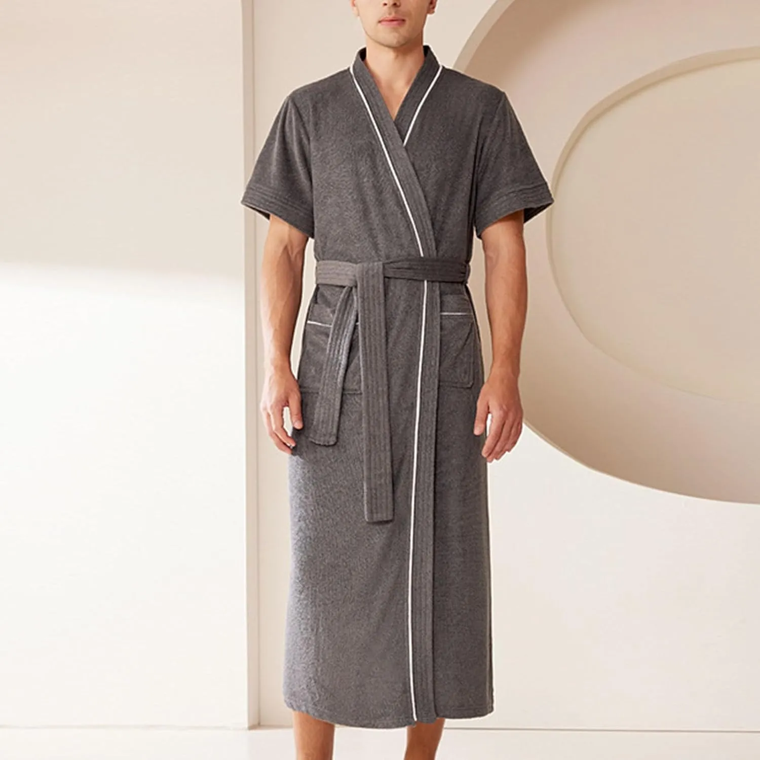 Mens Bathrobes Long Kimono Robes Lightweight Spa Robes Comfy Shower Robes Full Length Robes with Pockets Loungewear