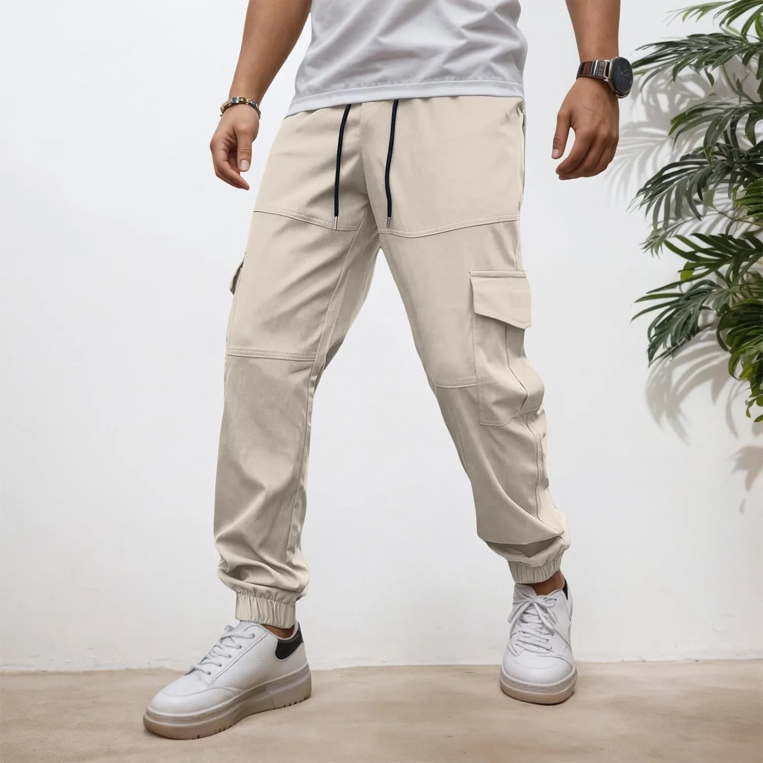 Men's Cargo Pants with Pockets Elastic Waisted Vintage Casual Harem Pants Drawstring Stretch Lightweight Loose Fit Joggers