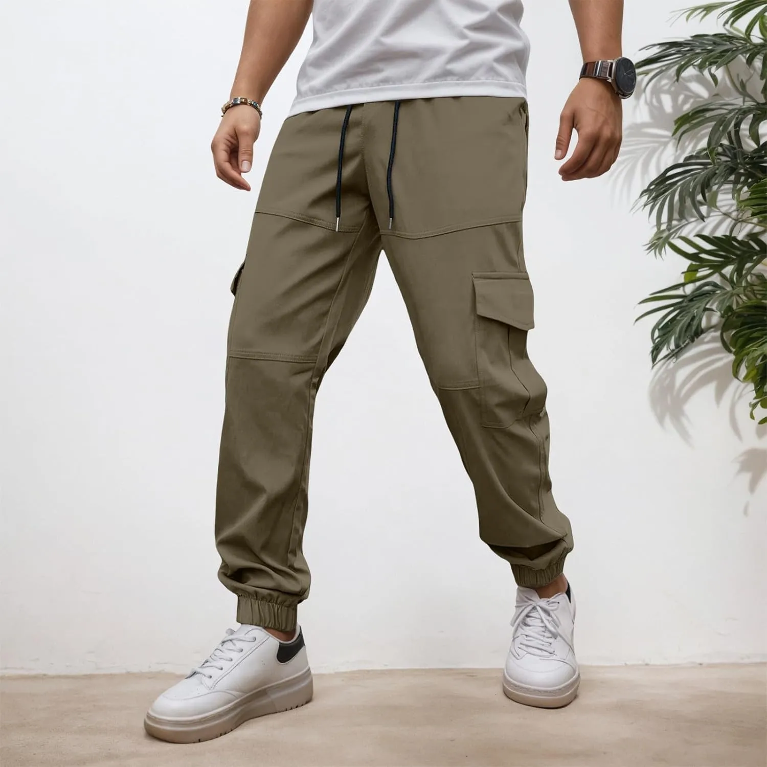 Men's Cargo Pants with Pockets Elastic Waisted Vintage Casual Harem Pants Drawstring Stretch Lightweight Loose Fit Joggers