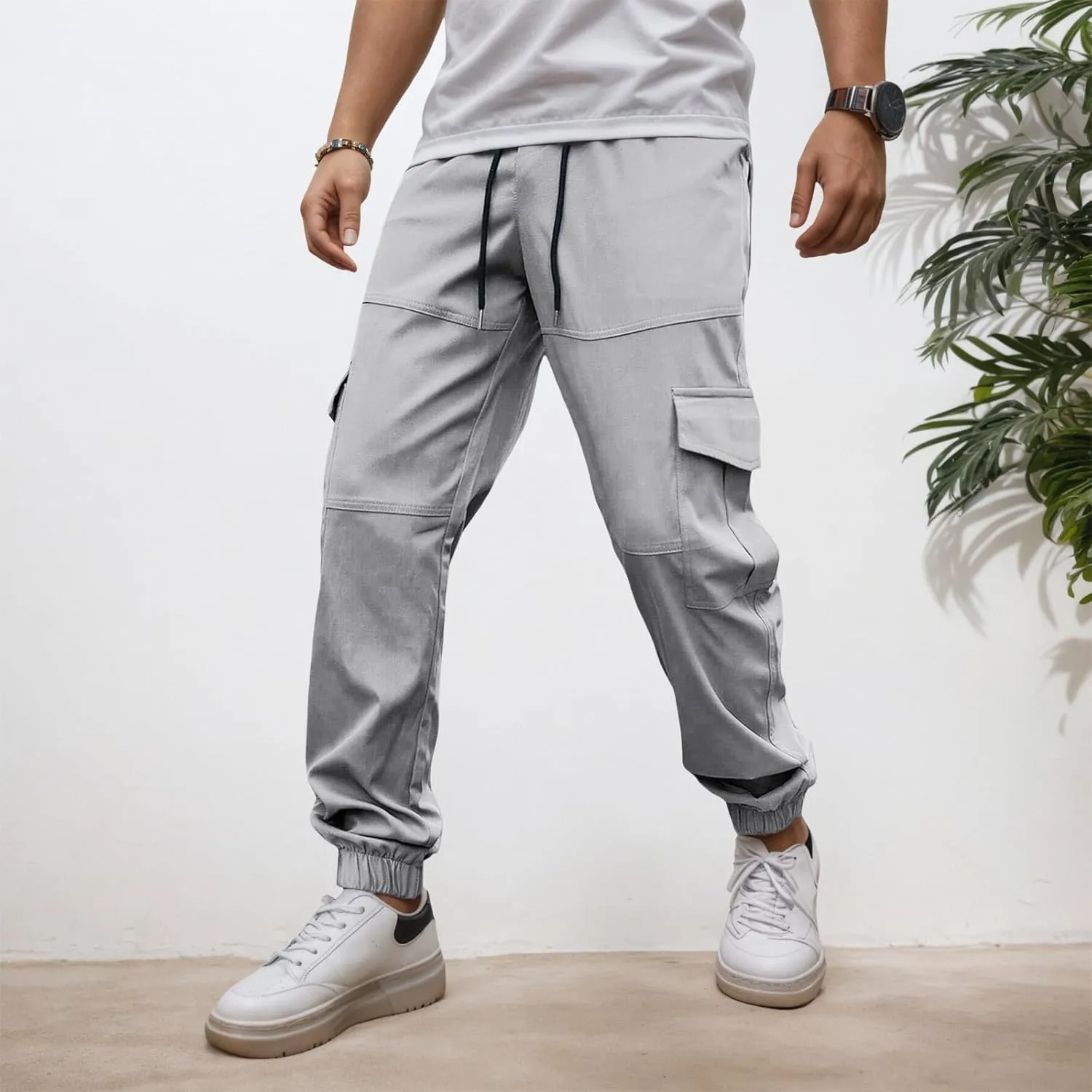 Men's Cargo Pants with Pockets Elastic Waisted Vintage Casual Harem Pants Drawstring Stretch Lightweight Loose Fit Joggers