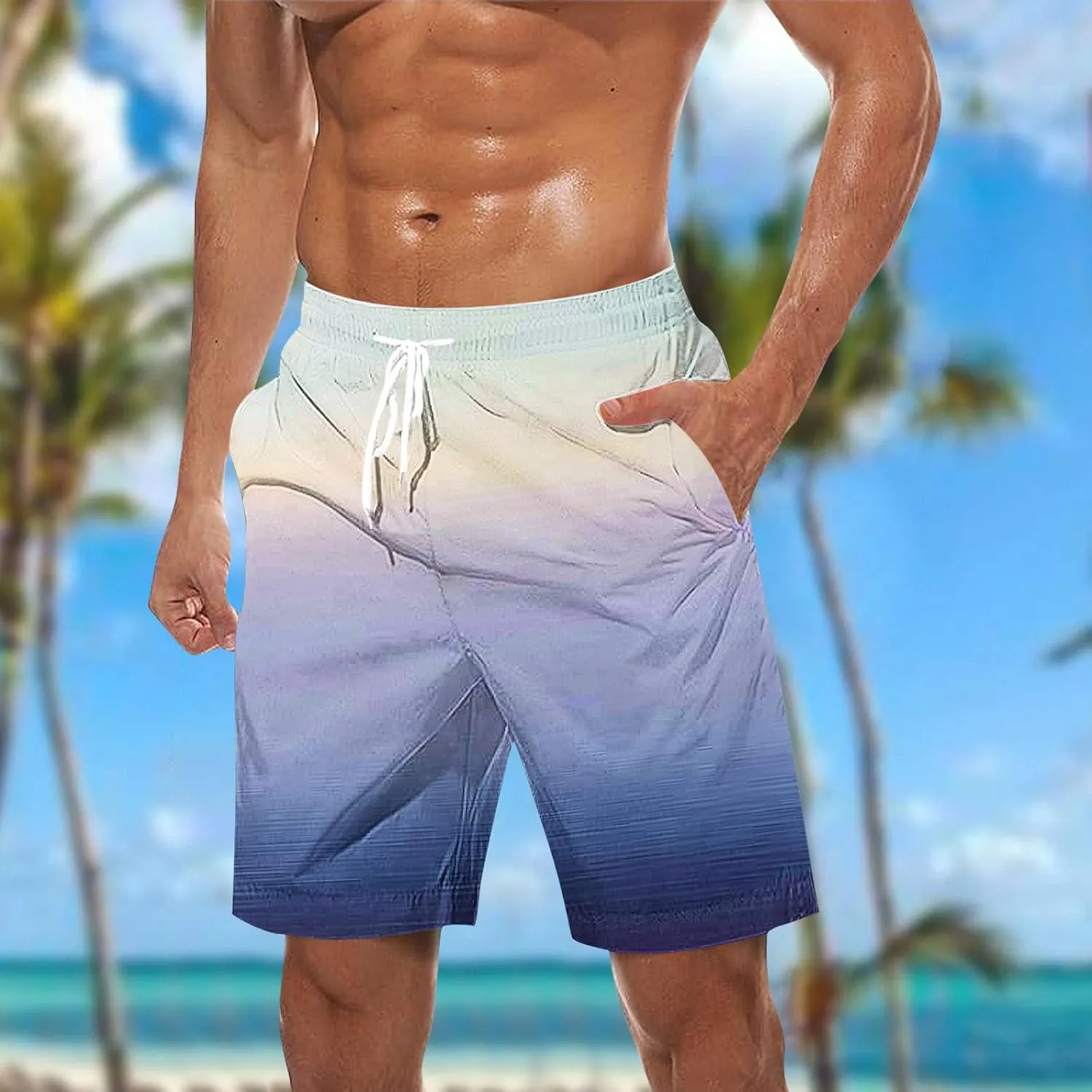 Mens Casual Shorts Gradient Color Fashion Elastic Waist Drawstring Shorts Summer Beach Vocation Shorts with Pockets