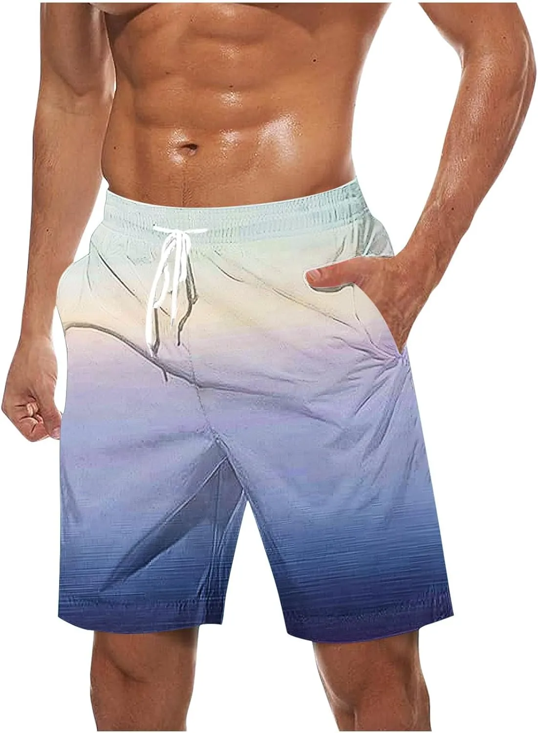 Mens Casual Shorts Gradient Color Fashion Elastic Waist Drawstring Shorts Summer Beach Vocation Shorts with Pockets