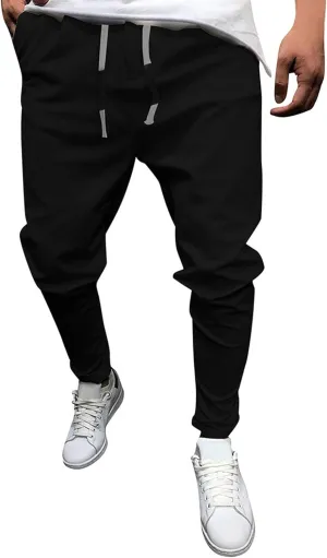 Men's Casual Slim Fit Tapered Pants Drawstring Cotton Joggers Pants Solid Lightweight Athletic Outdoor Trousers