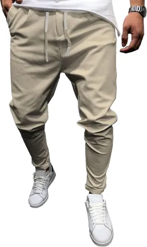 Men's Casual Slim Fit Tapered Pants Drawstring Cotton Joggers Pants Solid Lightweight Athletic Outdoor Trousers