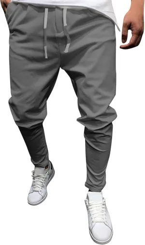 Men's Casual Slim Fit Tapered Pants Drawstring Cotton Joggers Pants Solid Lightweight Athletic Outdoor Trousers