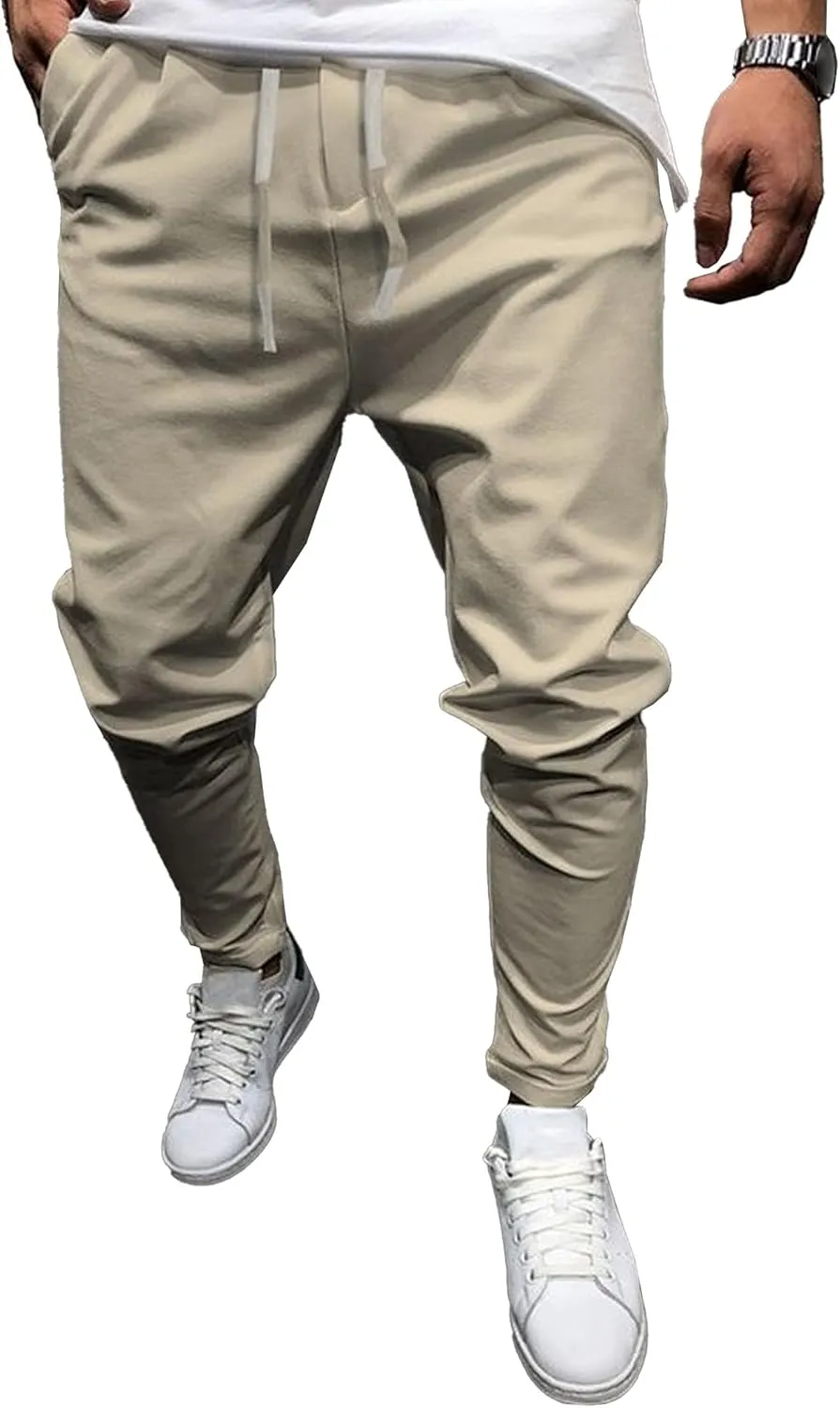 Men's Casual Slim Fit Tapered Pants Drawstring Cotton Joggers Pants Solid Lightweight Athletic Outdoor Trousers