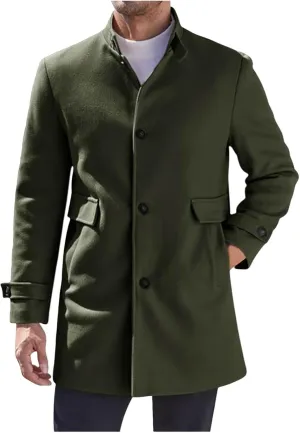 Mens Casual Trench Coat Loose Fit Single Breasted Notched Collar Pea Coat Winter Overcoat Mid Long Jacket Wih Pockets