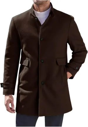 Mens Casual Trench Coat Loose Fit Single Breasted Notched Collar Pea Coat Winter Overcoat Mid Long Jacket Wih Pockets