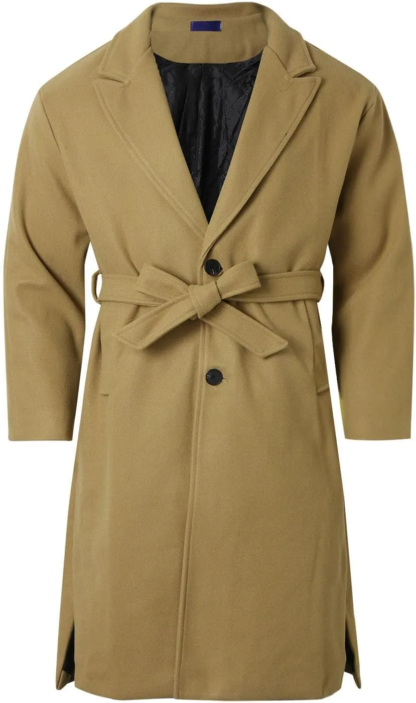 Men's Casual Trench Coat Slim Fit Notched Collar Long Jacket Overcoat Single Breasted Winter Pea Coat Wih Pockets