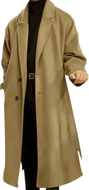 Men's Casual Trench Coat Slim Fit Notched Collar Long Jacket Overcoat Single Breasted Winter Pea Coat Wih Pockets