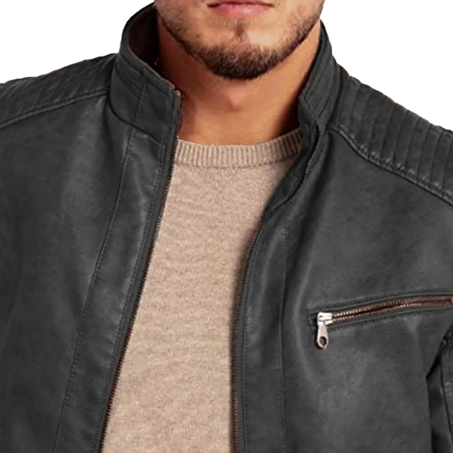 Men's Comfort Leather Jacket Zipper Biker Bomber Leathers Coat Stand Collar Motorcycle PU Jackets