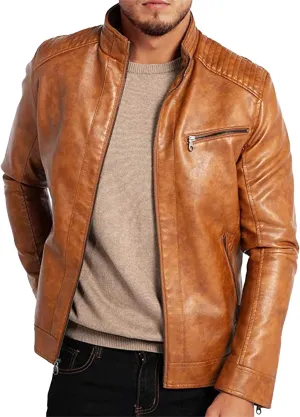 Men's Comfort Leather Jacket Zipper Biker Bomber Leathers Coat Stand Collar Motorcycle PU Jackets
