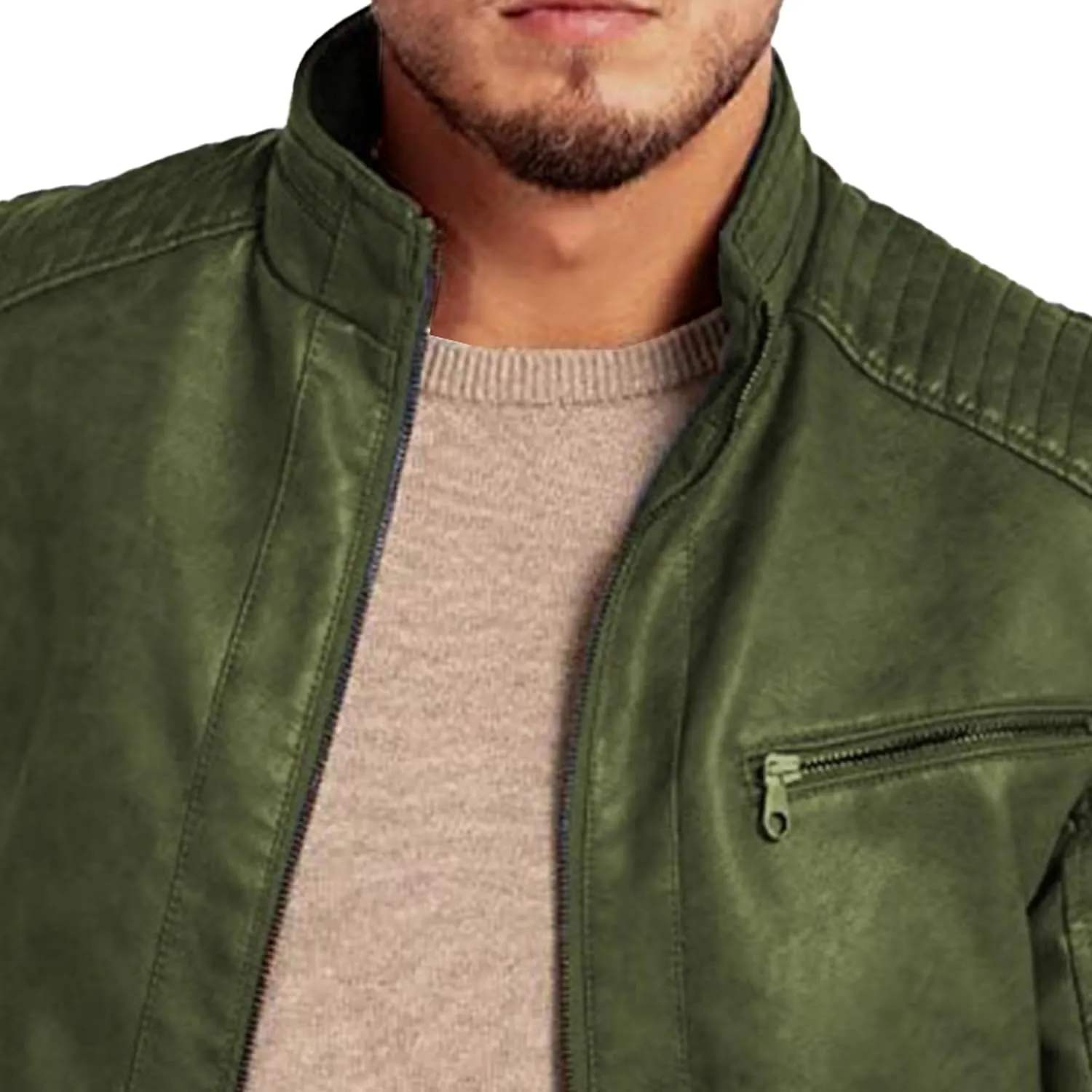 Men's Comfort Leather Jacket Zipper Biker Bomber Leathers Coat Stand Collar Motorcycle PU Jackets