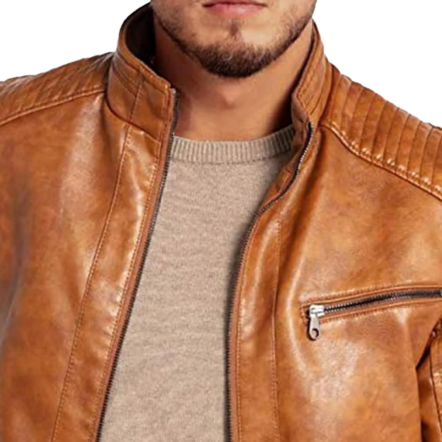 Men's Comfort Leather Jacket Zipper Biker Bomber Leathers Coat Stand Collar Motorcycle PU Jackets