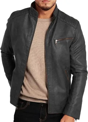 Men's Comfort Leather Jacket Zipper Biker Bomber Leathers Coat Stand Collar Motorcycle PU Jackets