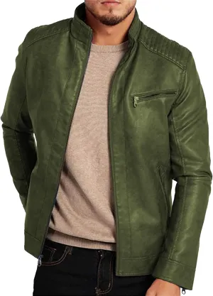 Men's Comfort Leather Jacket Zipper Biker Bomber Leathers Coat Stand Collar Motorcycle PU Jackets
