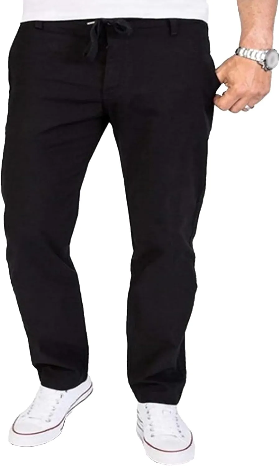 Men's Cotton Linen Baggy Hiking Pants Casual Solid Drawstring Trousers Straight Leg Summer Outdoor Pants