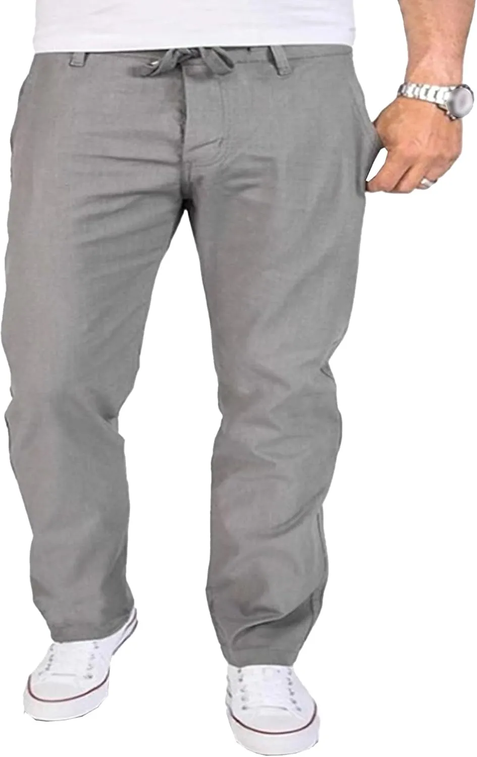 Men's Cotton Linen Baggy Hiking Pants Casual Solid Drawstring Trousers Straight Leg Summer Outdoor Pants