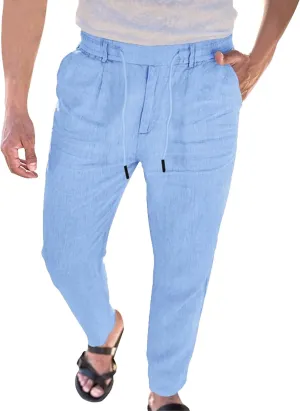 Men's Cotton Linen Drawstring Casual Pants Solid Yoga Lightweight Trousers Straight Leg Summer Hiking Pants