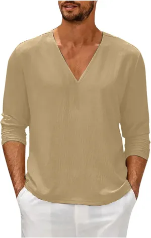 Men's Cotton Linen V Neck T-Shirts Fall Solid Long Sleeve Beach Vacation Tees Lightweight Hippie Sweatshirt for Men