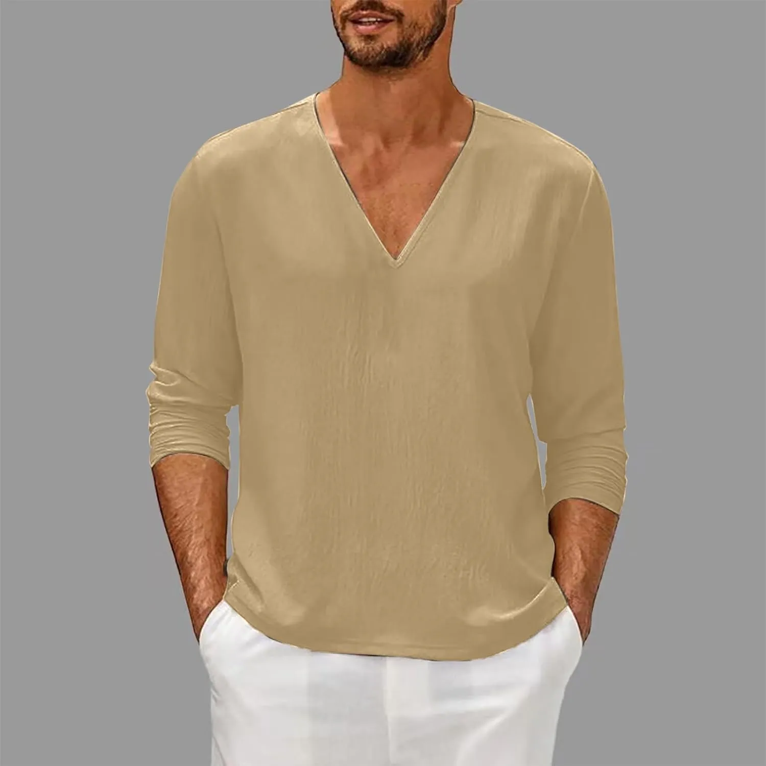 Men's Cotton Linen V Neck T-Shirts Fall Solid Long Sleeve Beach Vacation Tees Lightweight Hippie Sweatshirt for Men