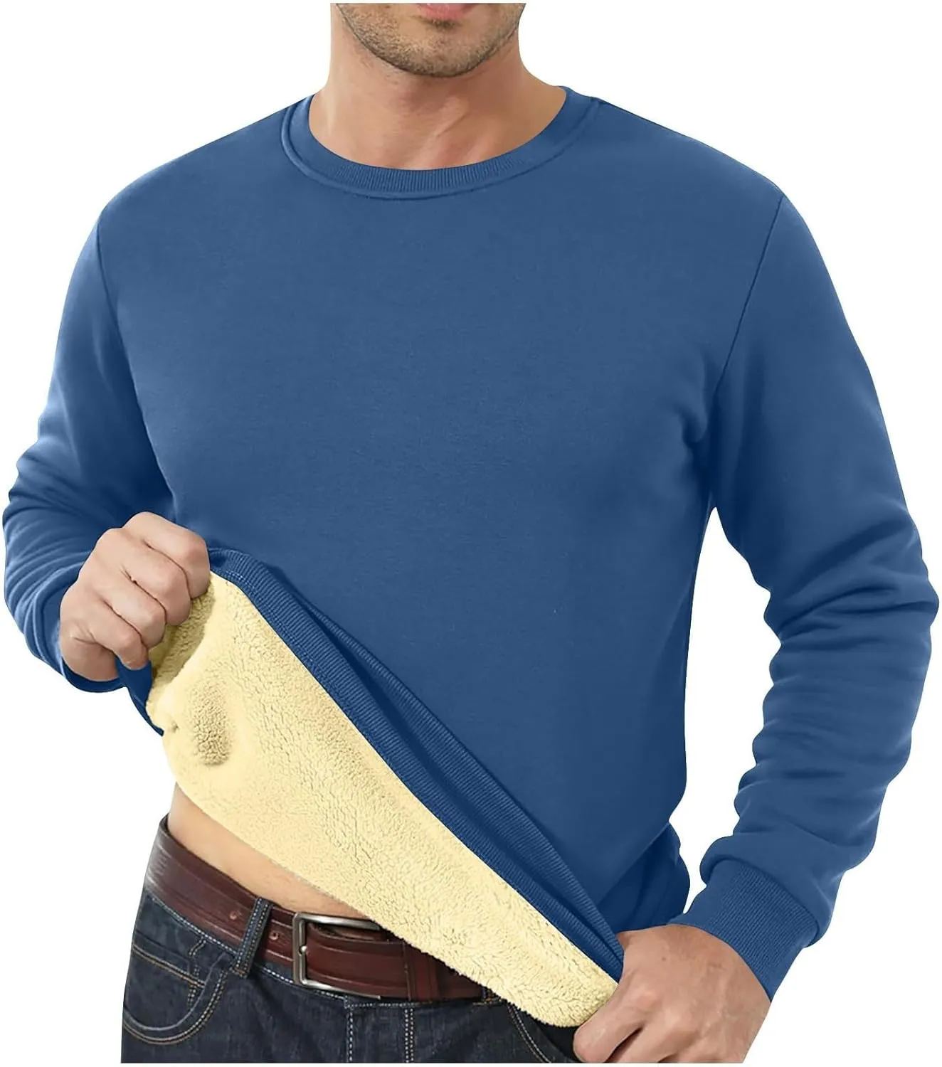 Men's Crewneck Sweatshirt Fashion Sherpa Lined Sweatshirts Thick Fleece Pullover Tops Warm Shirts for Winter