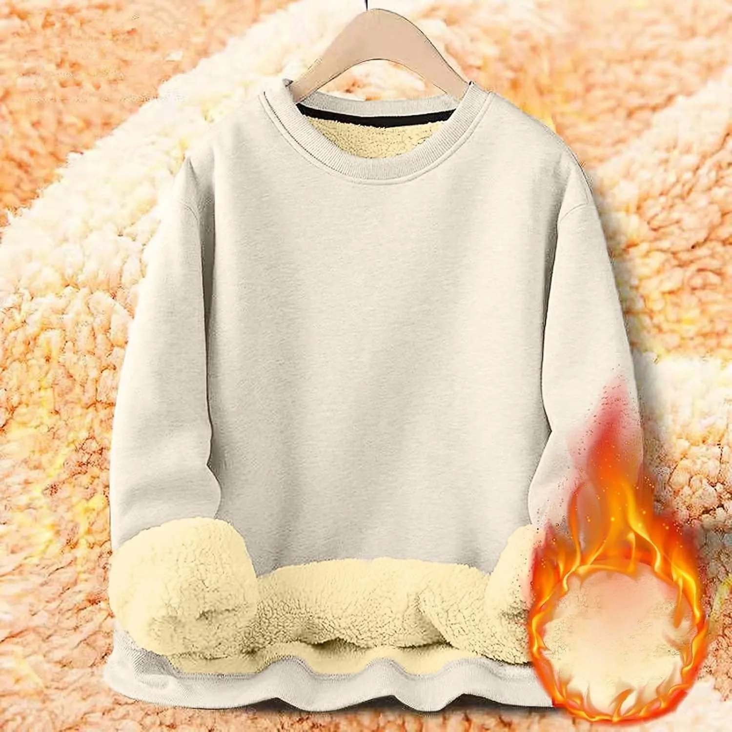 Men's Crewneck Sweatshirt Fashion Sherpa Lined Sweatshirts Thick Fleece Pullover Tops Warm Shirts for Winter