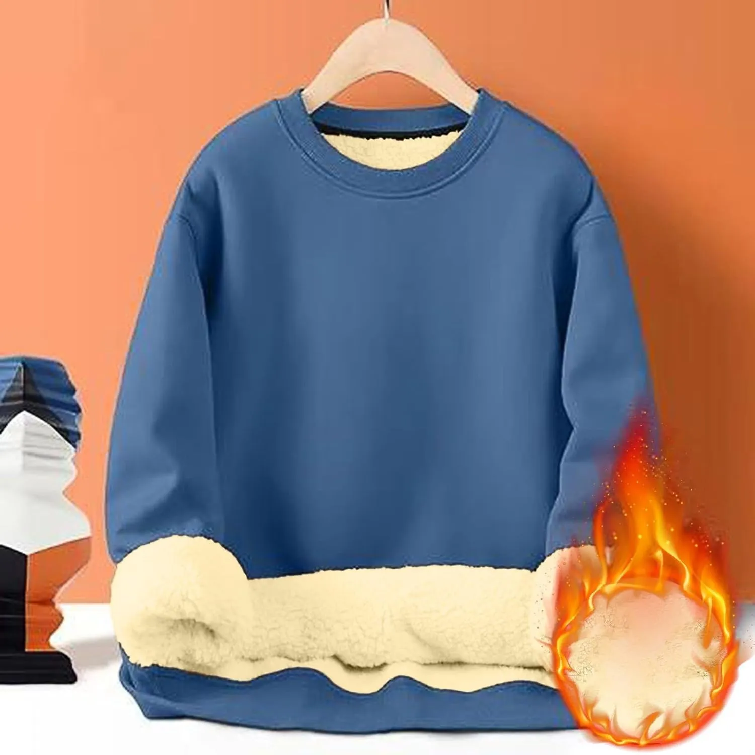 Men's Crewneck Sweatshirt Fashion Sherpa Lined Sweatshirts Thick Fleece Pullover Tops Warm Shirts for Winter
