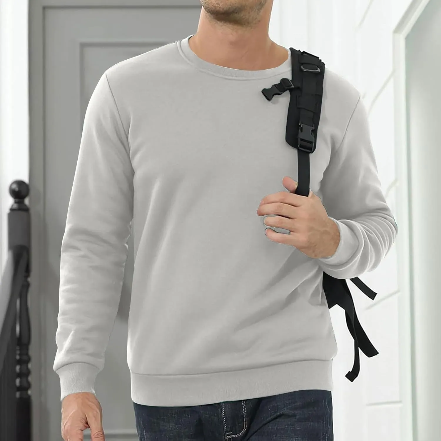 Men's Crewneck Sweatshirt Fashion Sherpa Lined Sweatshirts Thick Fleece Pullover Tops Warm Shirts for Winter