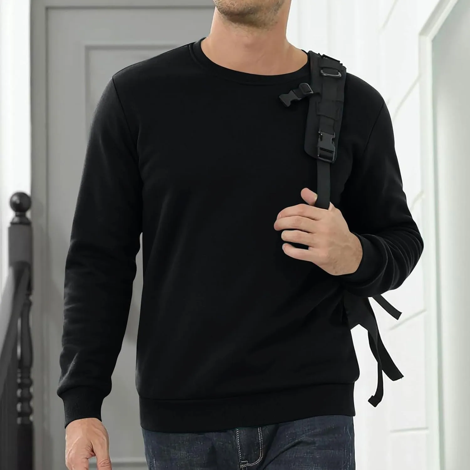 Men's Crewneck Sweatshirt Fashion Sherpa Lined Sweatshirts Thick Fleece Pullover Tops Warm Shirts for Winter