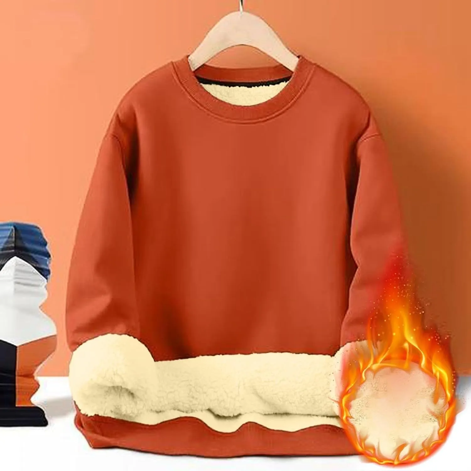 Men's Crewneck Sweatshirt Fashion Sherpa Lined Sweatshirts Thick Fleece Pullover Tops Warm Shirts for Winter