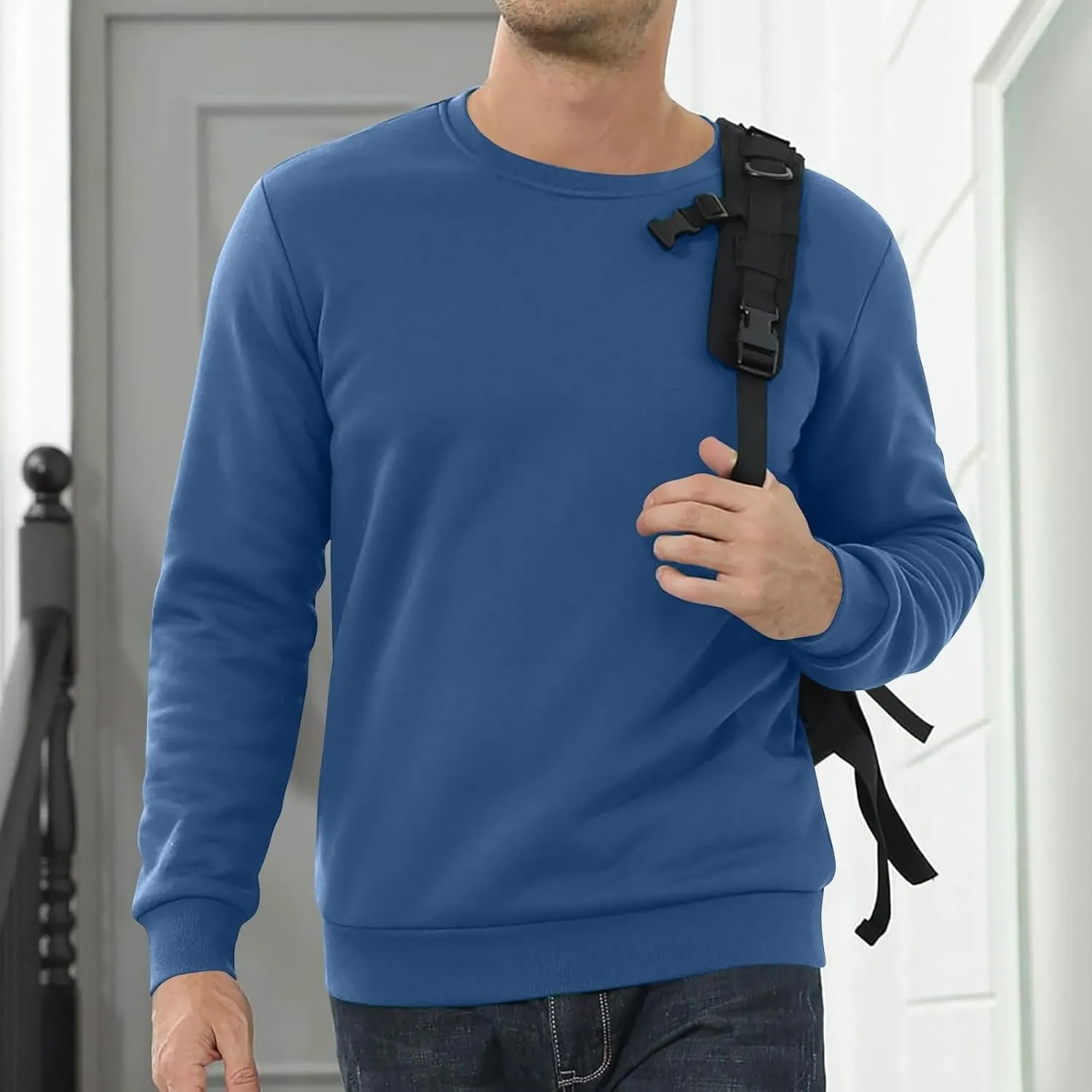 Men's Crewneck Sweatshirt Fashion Sherpa Lined Sweatshirts Thick Fleece Pullover Tops Warm Shirts for Winter