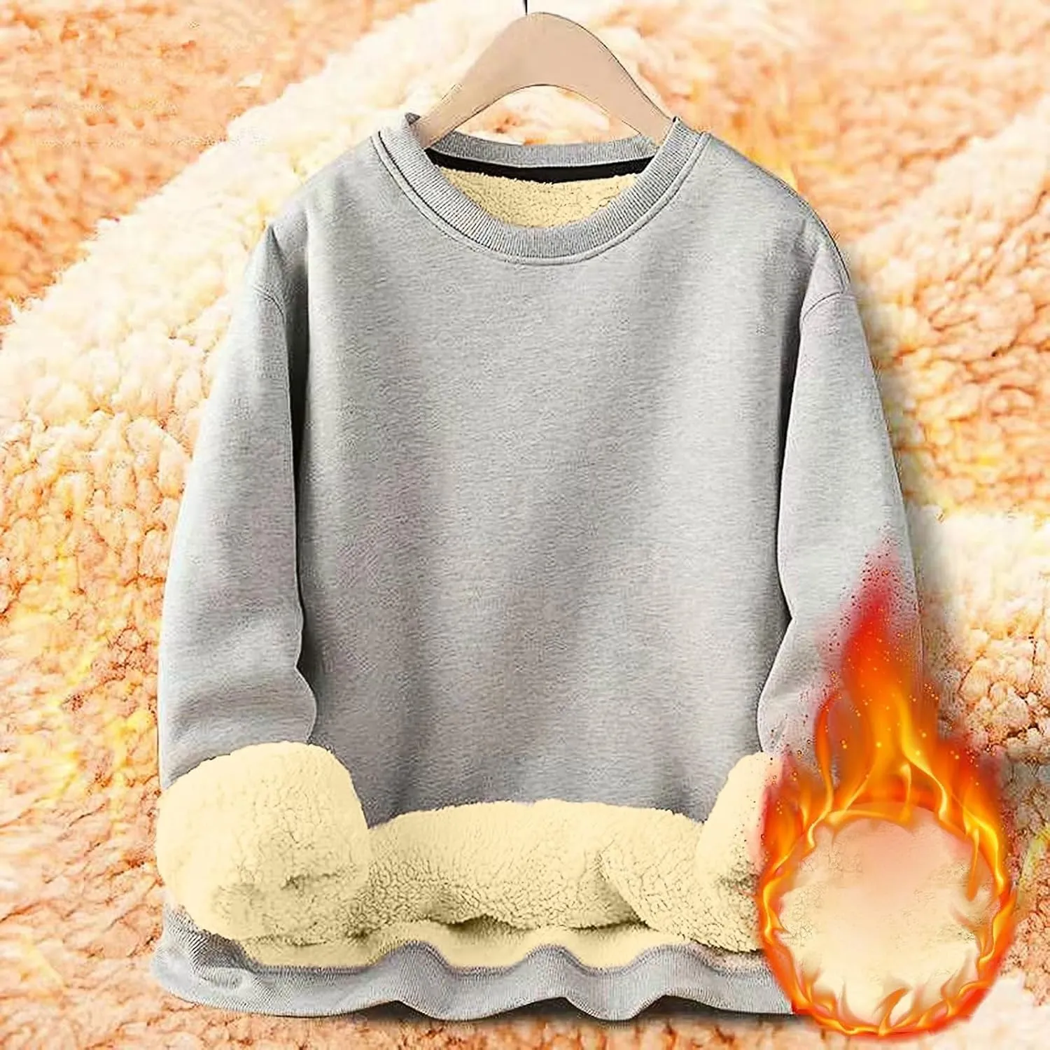 Men's Crewneck Sweatshirt Fashion Sherpa Lined Sweatshirts Thick Fleece Pullover Tops Warm Shirts for Winter