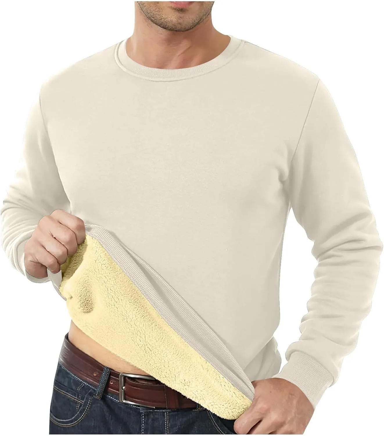 Men's Crewneck Sweatshirt Fashion Sherpa Lined Sweatshirts Thick Fleece Pullover Tops Warm Shirts for Winter