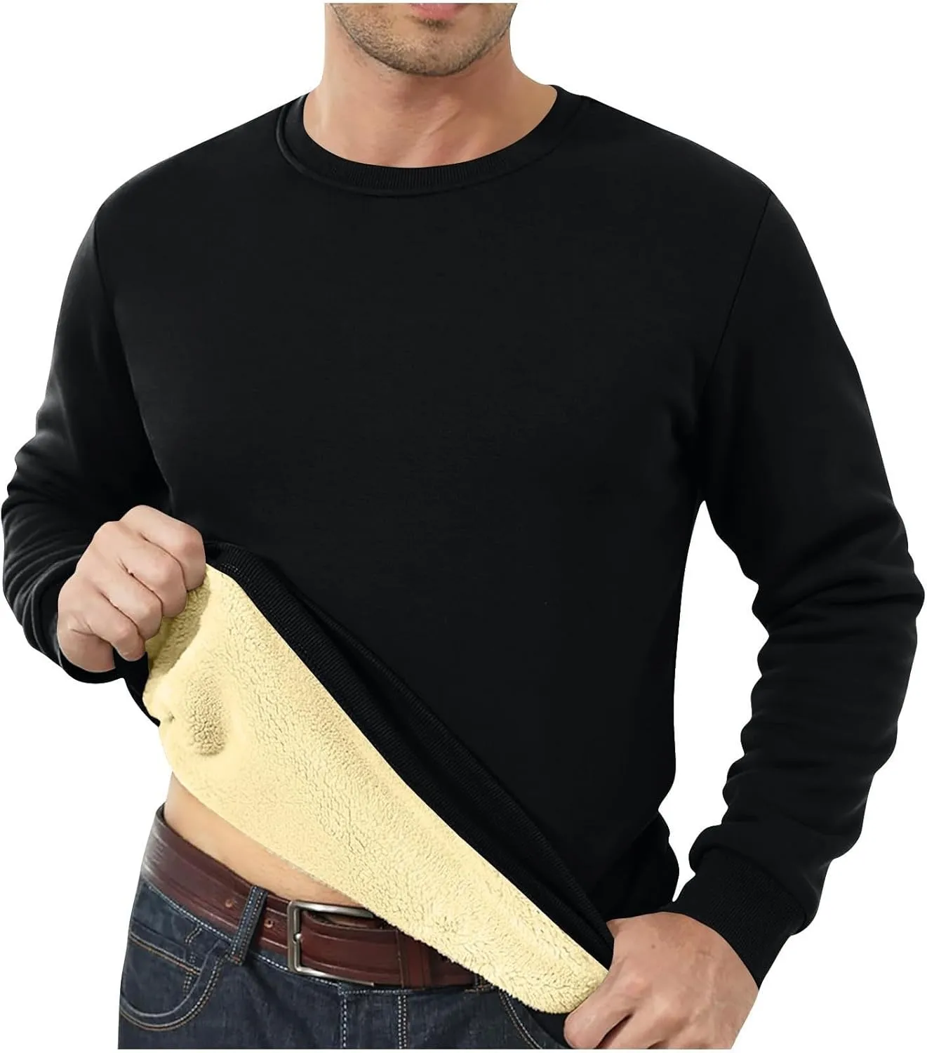 Men's Crewneck Sweatshirt Fashion Sherpa Lined Sweatshirts Thick Fleece Pullover Tops Warm Shirts for Winter
