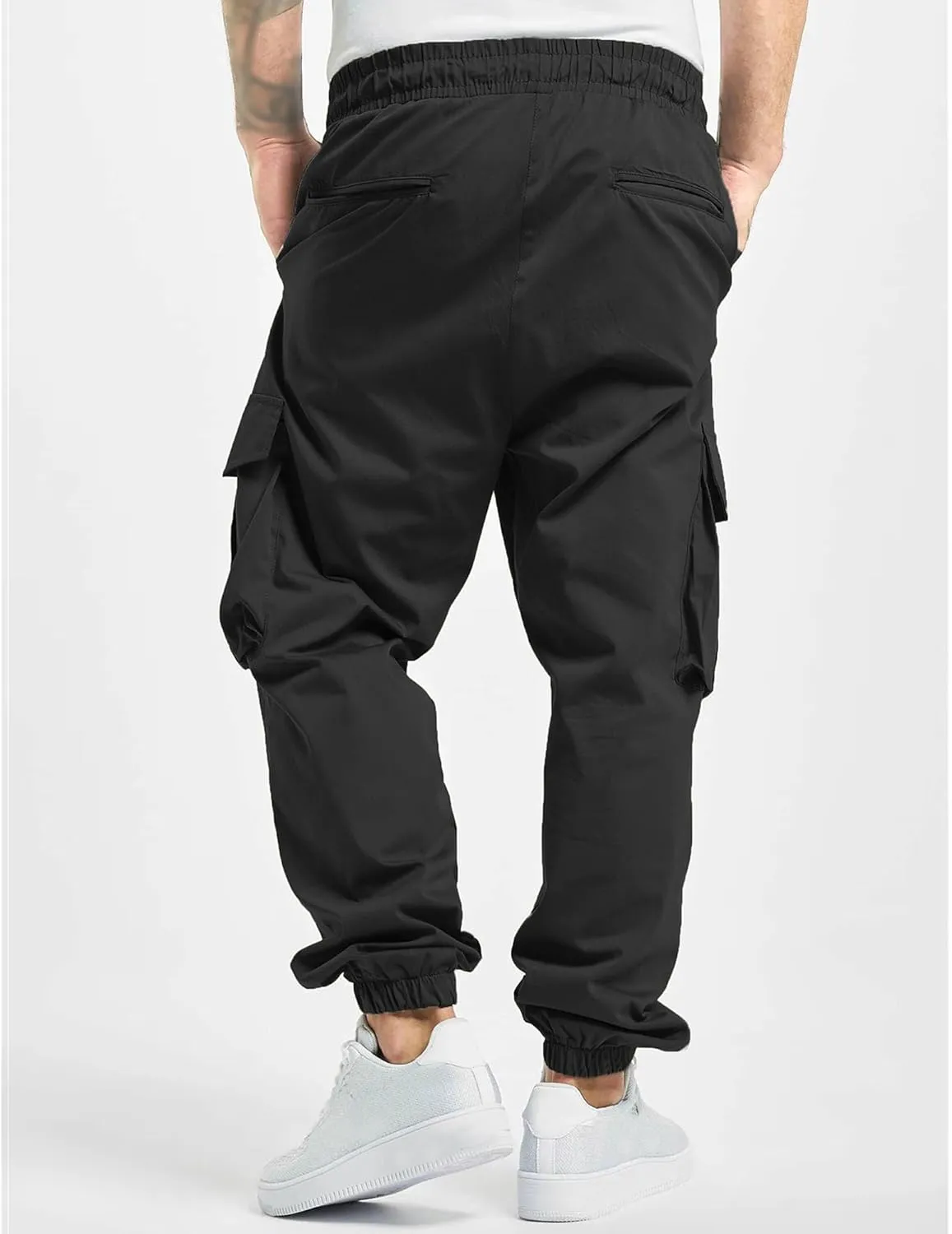 Men's Elastic Waist Straight Leg Cargo Pants Lightweight Baggy Work Trousers Casual Drawstring Solid Summer Pants