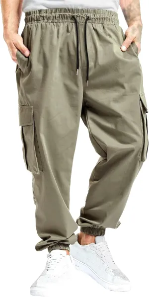Men's Elastic Waist Straight Leg Cargo Pants Lightweight Baggy Work Trousers Casual Drawstring Solid Summer Pants