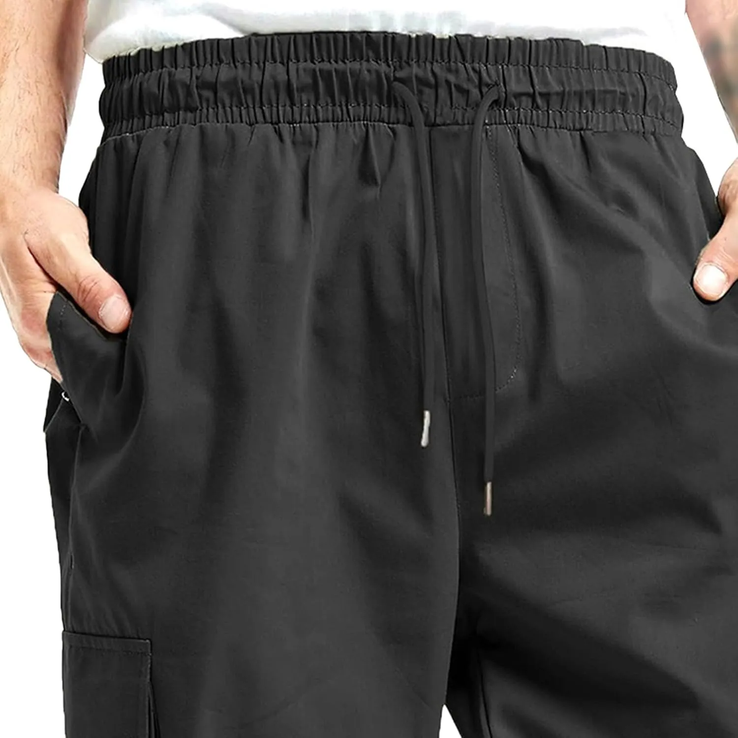 Men's Elastic Waist Straight Leg Cargo Pants Lightweight Baggy Work Trousers Casual Drawstring Solid Summer Pants