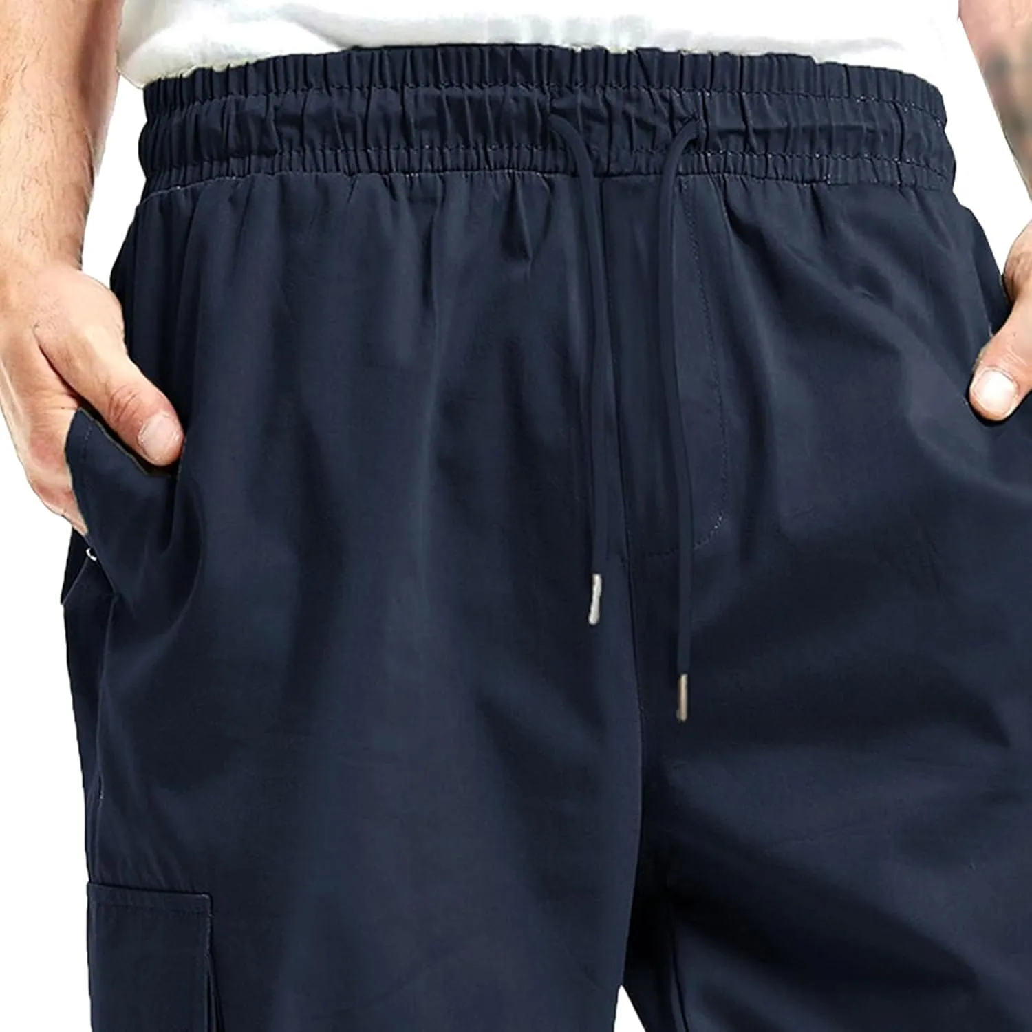 Men's Elastic Waist Straight Leg Cargo Pants Lightweight Baggy Work Trousers Casual Drawstring Solid Summer Pants
